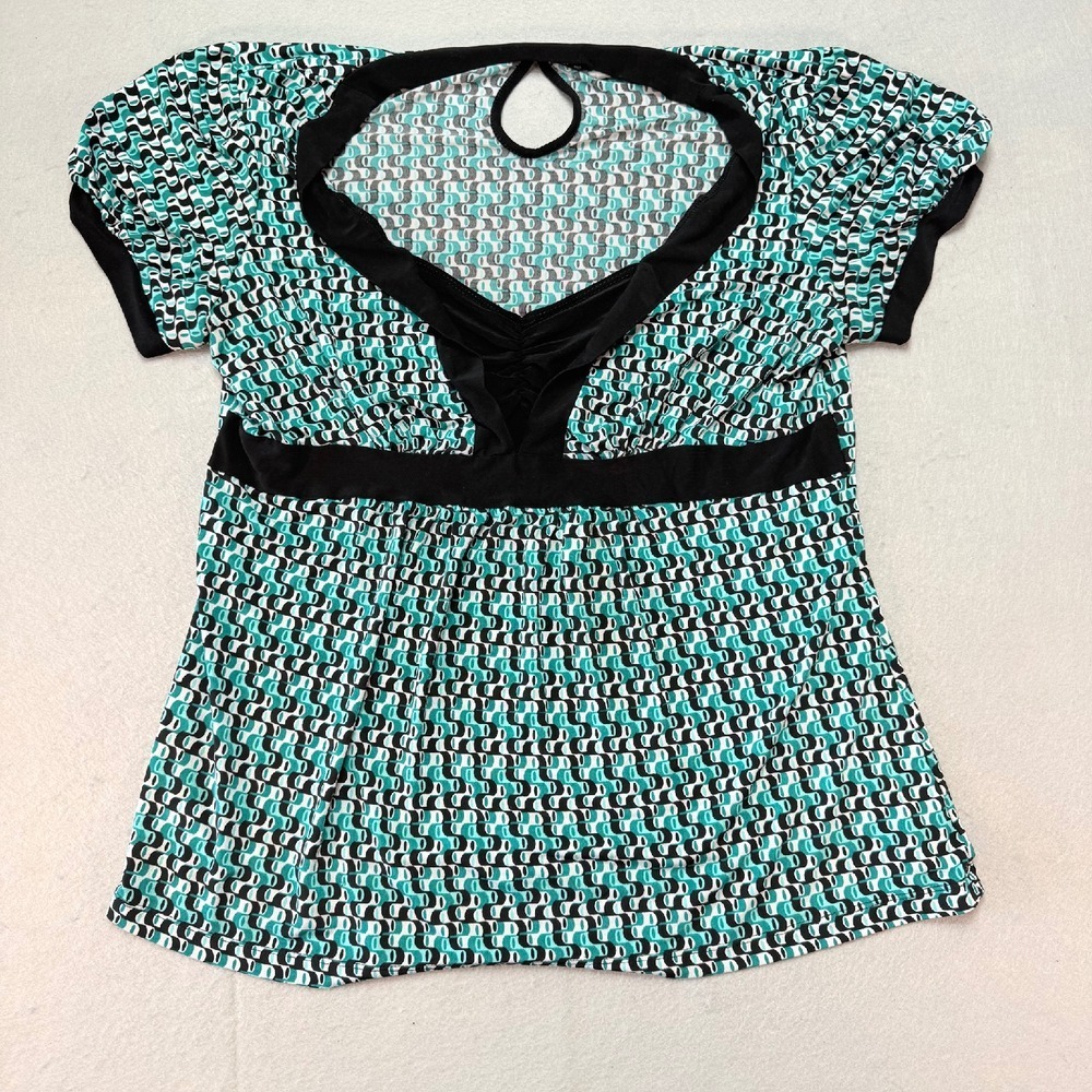 Maurices Teal Blouse Geometric Print Keyhole Neck Top Short‎ Sleeve Size S